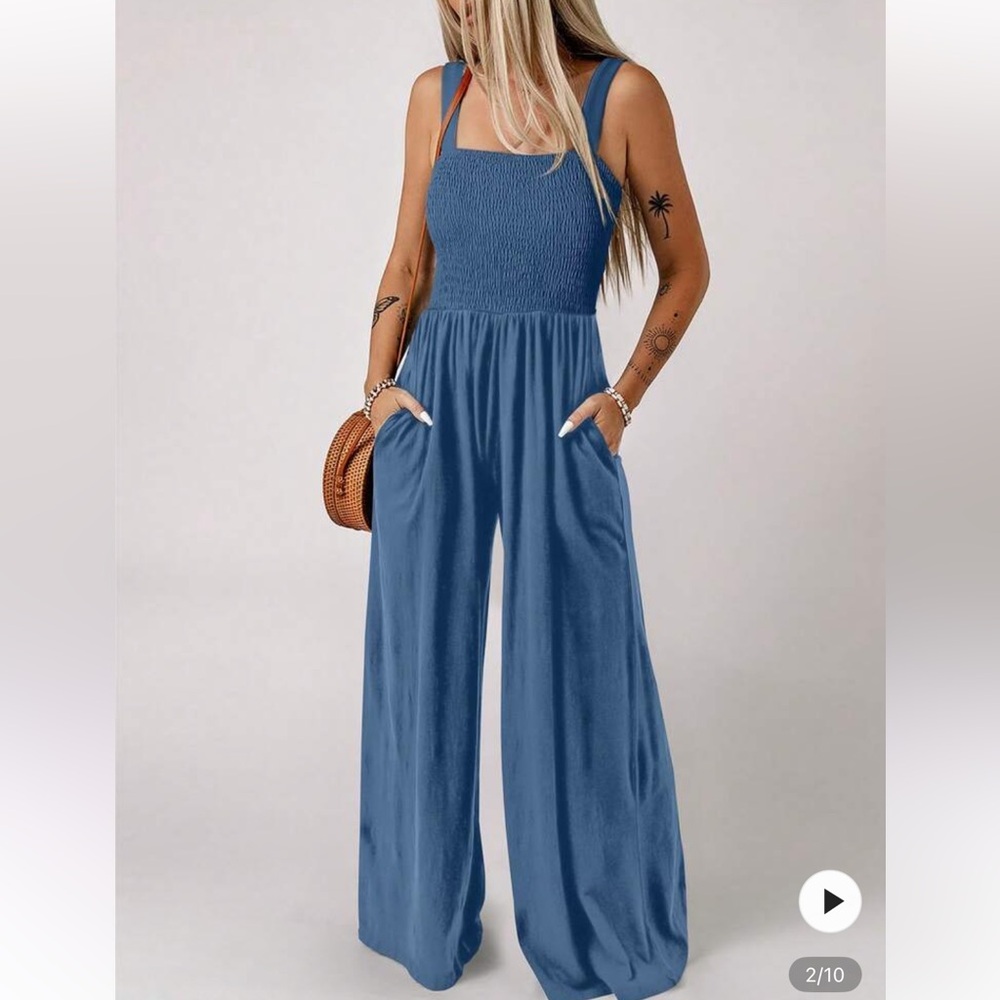 Blue Women's Smocked Jumpsuit